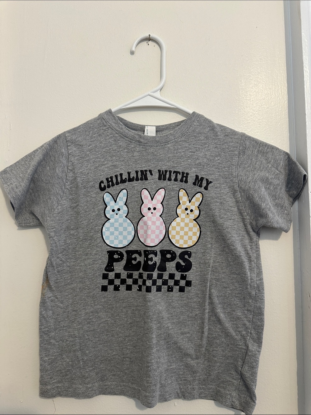Rabbit Skins Gray Tee with Pastel Blue Pink and Yellow Peeps Graphic